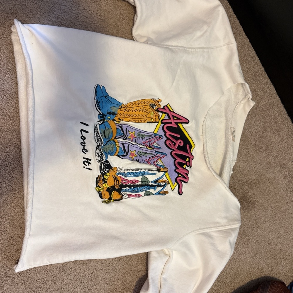 Brandy Melville White Graphic Austin Sweatshirt with Multicolor Boot Print